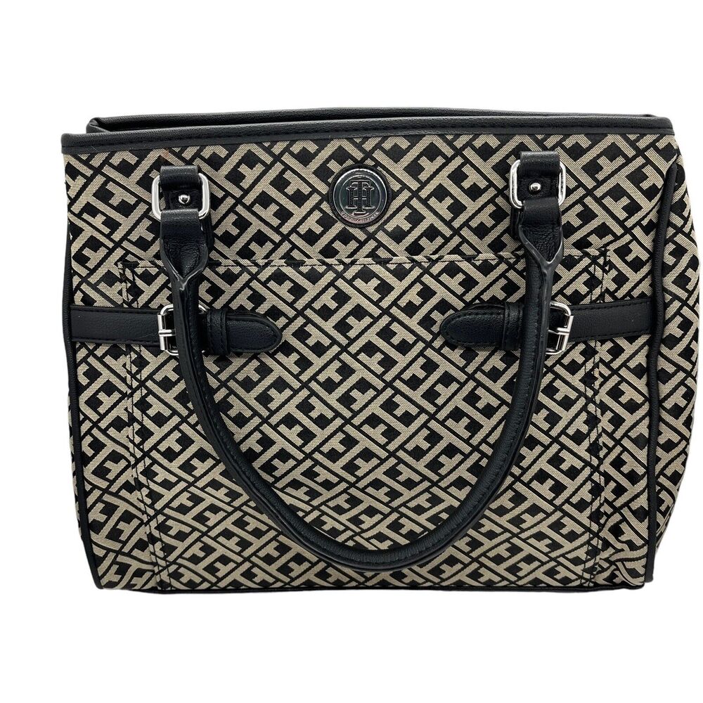 Tommy Hilfiger Handbag Tote Large Initial Print Initial Accent Buckles Tan Black